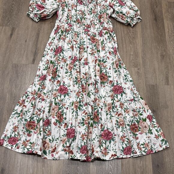 Anthropologie Somerset Dress Size 1X White Pink Floral Maxi Puff Sleeve Cotton - Picture 11 of 14